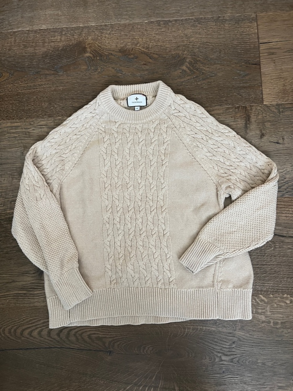 Tuckernuck Cable Knit Crewneck Sweater in Light Beige